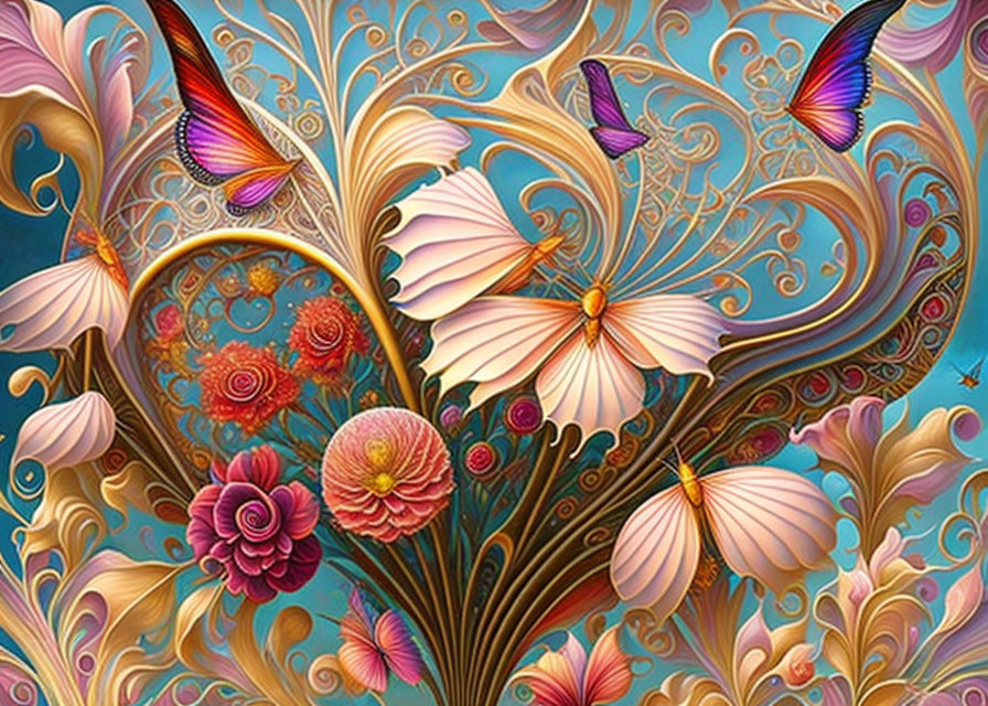 Colorful artwork with gold patterns, flowers, and butterflies on teal background