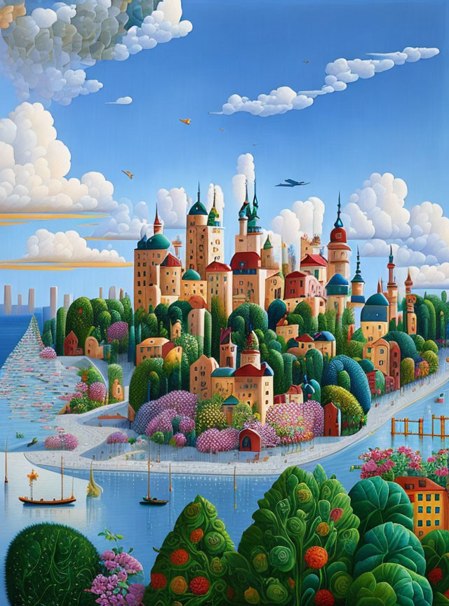 Colorful painting of whimsical cityscape with lush greenery, boats, and clear sky