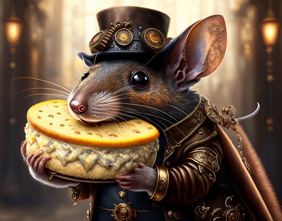 Steampunk-themed anthropomorphic mouse with large cheese piece