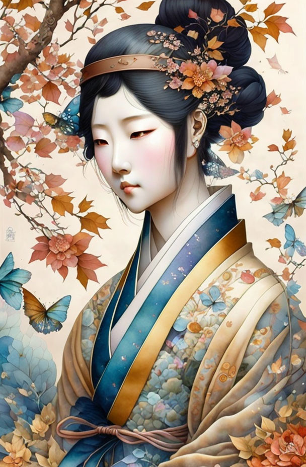 Traditional East Asian-style Woman with Ornate Hair Accessories and Butterflies