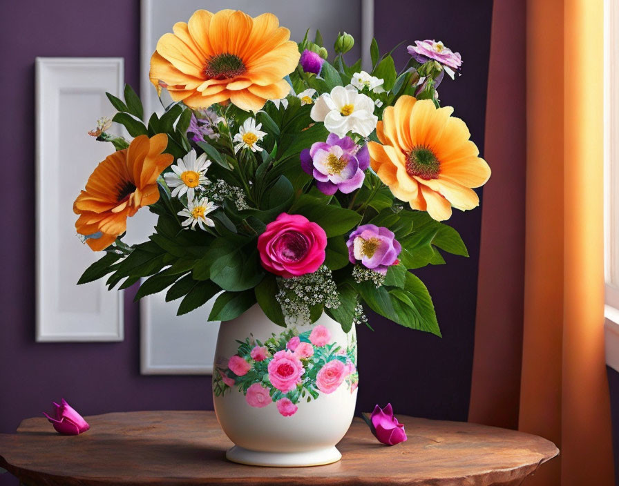 Colorful Flower Bouquet in Decorative Vase on Table