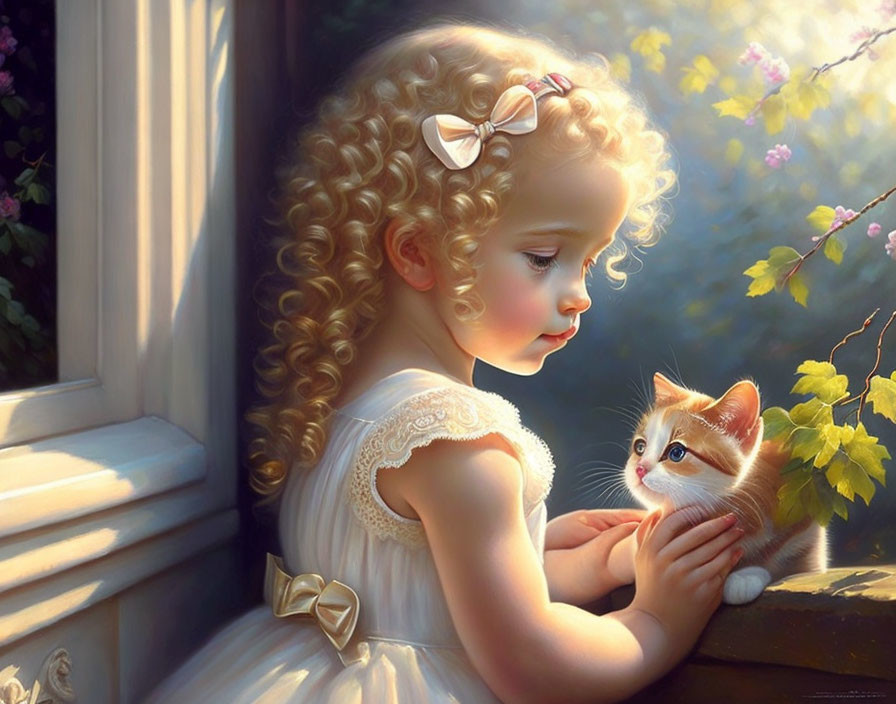 Young girl with curly blond hair holding ginger kitten by sunlit window