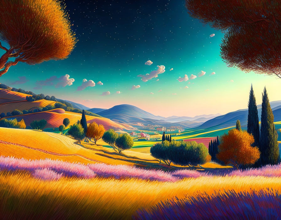 Colorful landscape with lavender fields, cypress trees, and starry sky