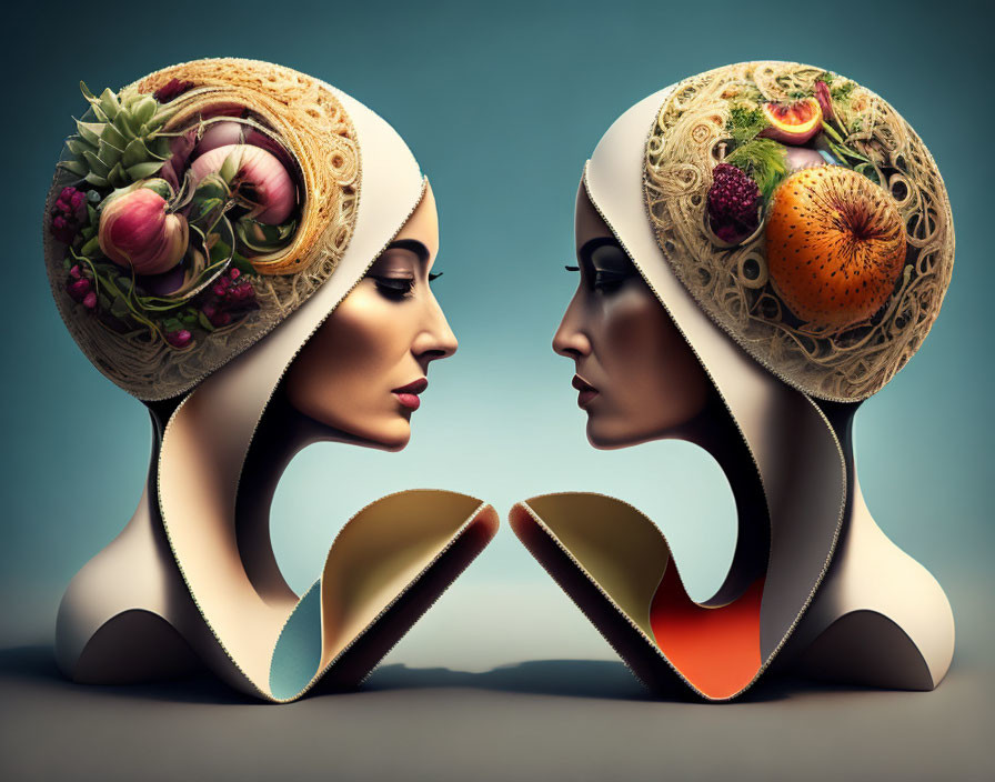 Two women in stylized fruit and vegetable headwear on teal background