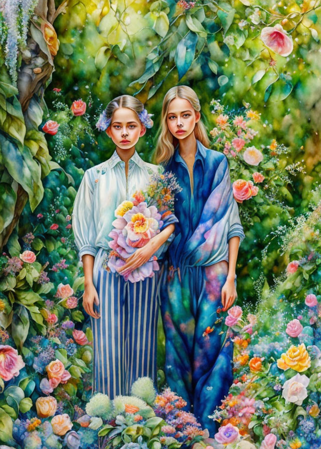 Women in flowing floral garments amidst lush greenery and vibrant flowers