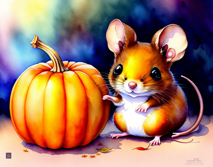 Charming mouse with large ears next to vibrant pumpkin in autumnal scene