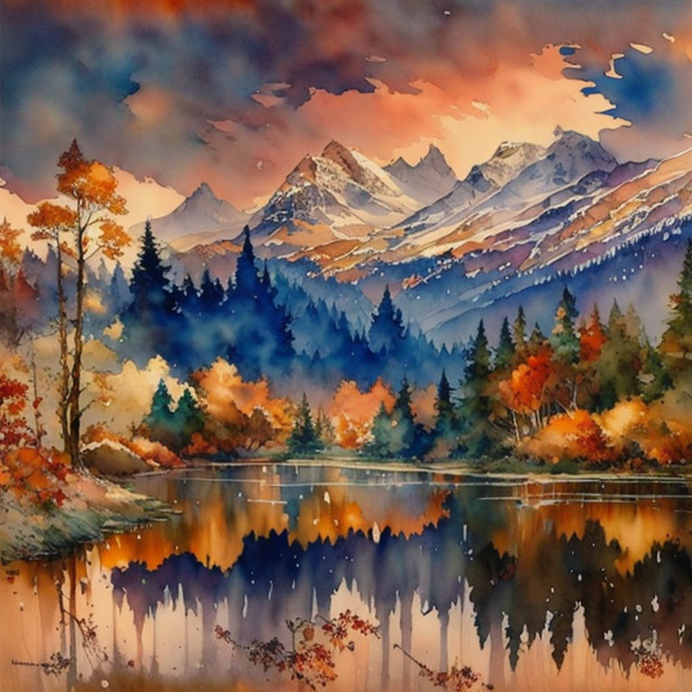 Colorful Autumn Trees Reflecting in Tranquil Lake with Snow-Capped Mountains and Vibrant Sky