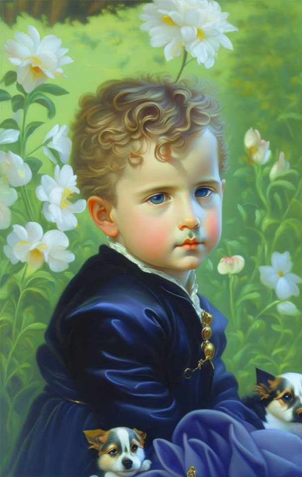 Child with Curly Hair in Blue Outfit Surrounded by White Flowers and Small Dogs