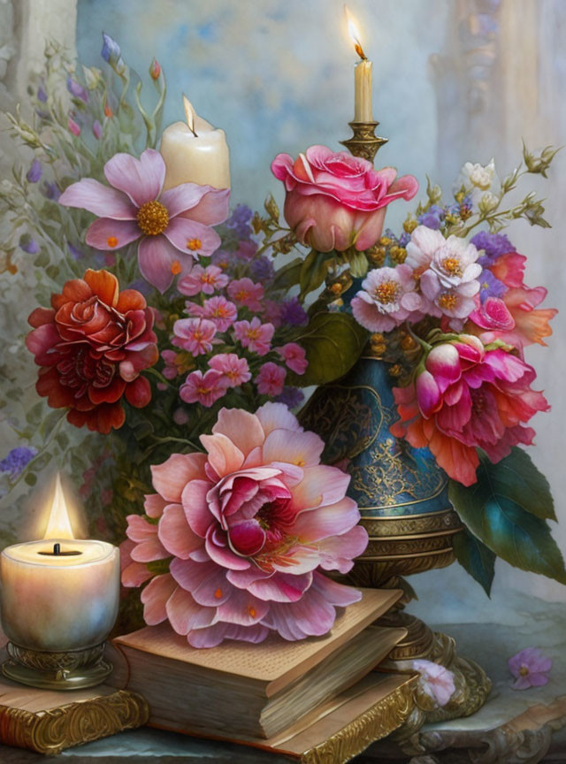 Vibrant flowers, lit candles, and stacked books in a serene still life painting