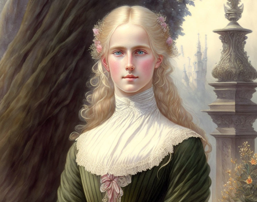 Young woman with blonde hair, blue eyes, pink flowers, in green Victorian dress