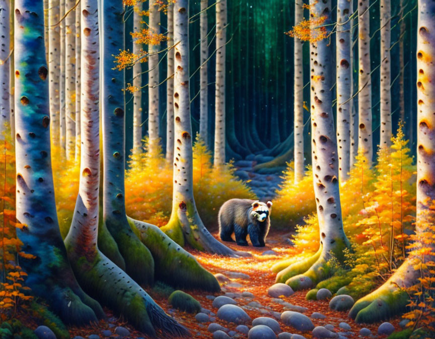 Autumnal forest scene with badger and mystical blue glow