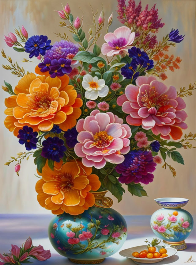 Colorful floral still life with fruit in vases and plate