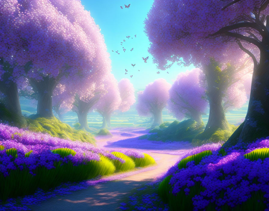 Vibrant purple trees in magical landscape with butterflies