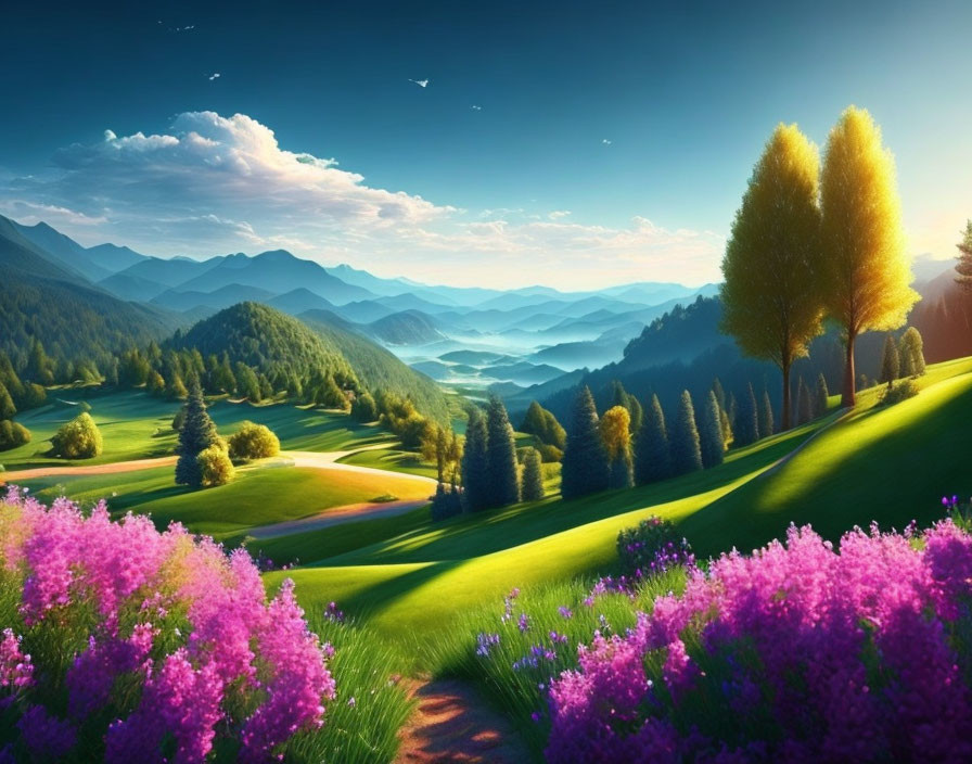 Scenic landscape with green hills, purple flowers, trees, blue sky, and misty valley