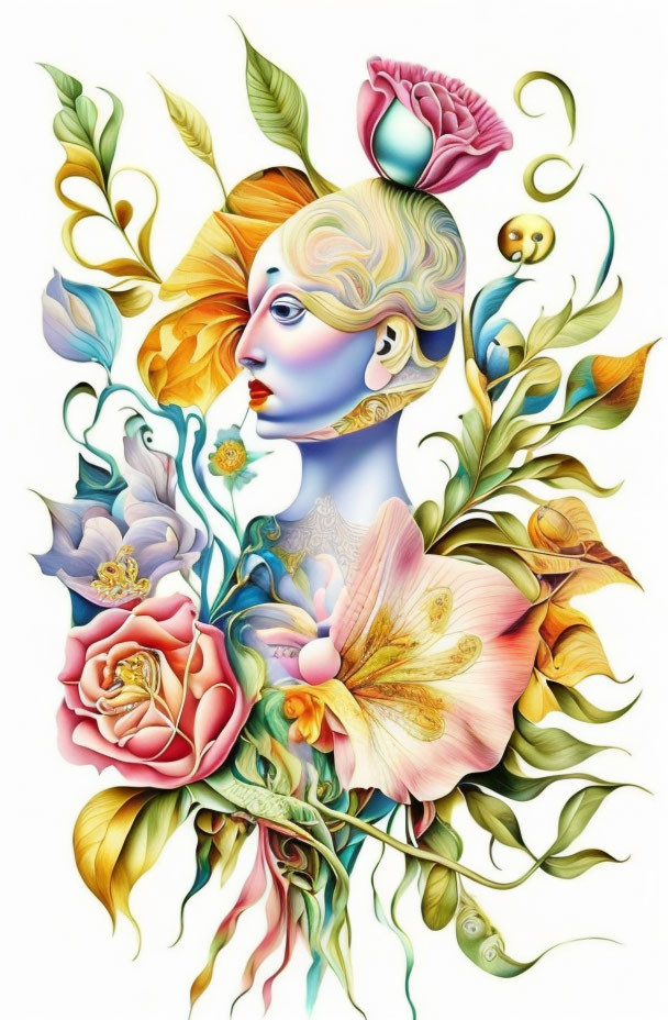 Vibrant surreal illustration of woman with floral elements