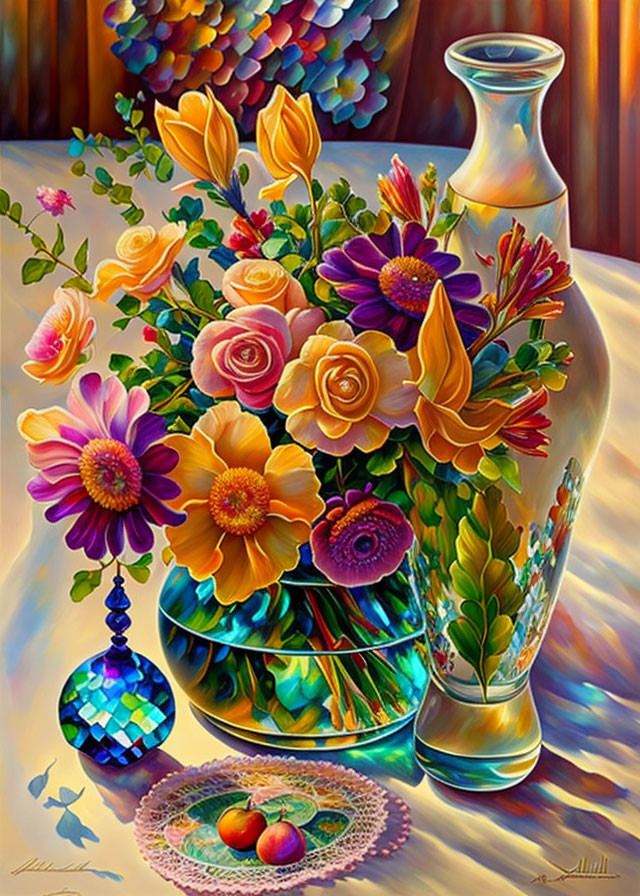 Vibrant still-life painting of flowers, fruit, and ornaments on reflective surface