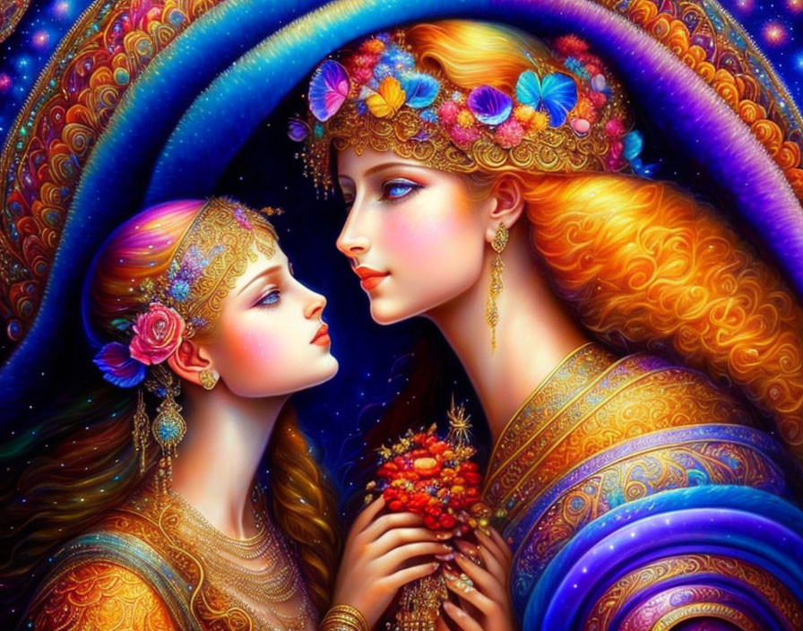 Colorful illustration of two women in ornate headpieces and vibrant clothing, close together in celestial setting