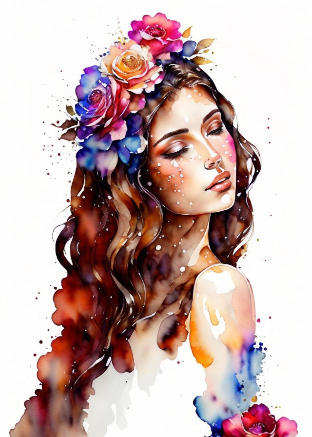 Vibrant watercolor painting of a woman with flower-adorned hair