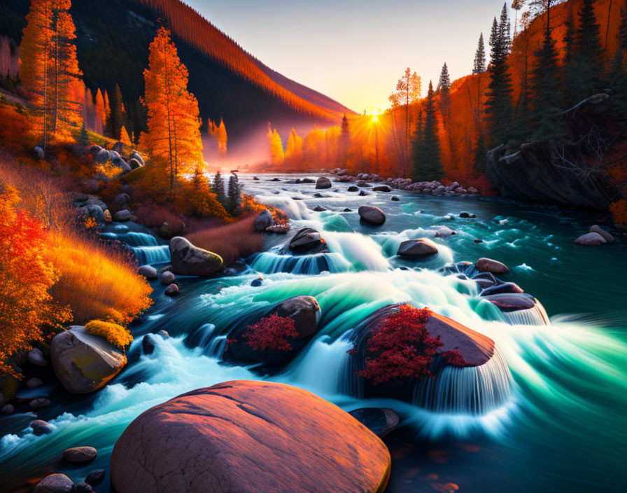 Vibrant sunset over lush autumnal forest, cascading river, and piercing light rays.