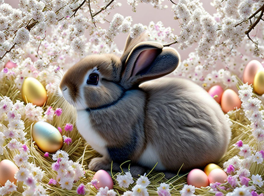 Bunny with Easter eggs and cherry blossoms in pastel colors