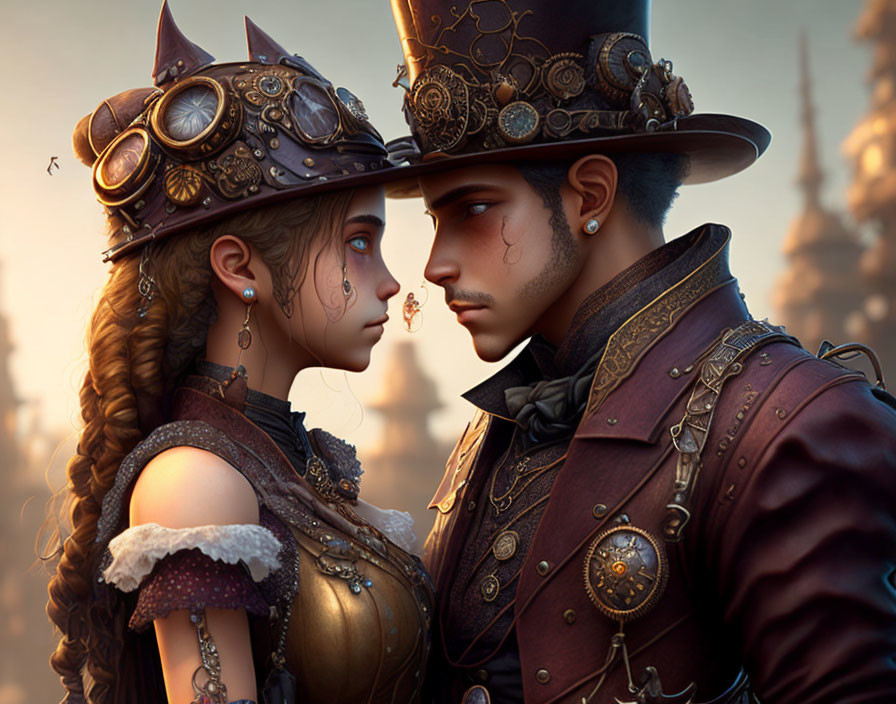 Steampunk characters in elaborate hats and goggles share a romantic gaze in industrial setting