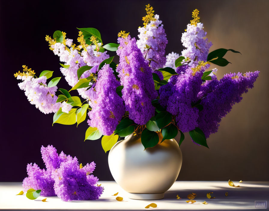 Purple lilac blossoms in golden vase on table with loose petals.