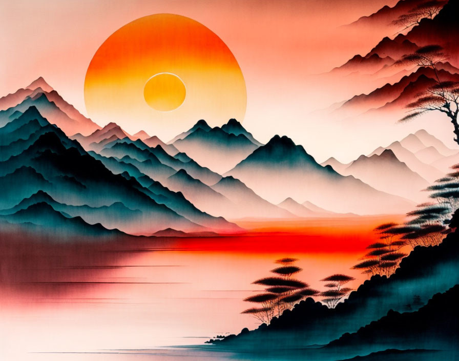 Colorful sunset painting with layered mountains, water reflection, and tree.