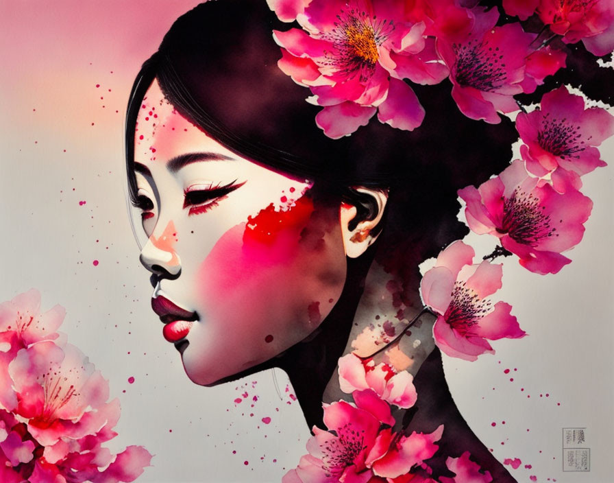 Vibrant pink cherry blossoms merging into a woman's side profile with pink hues.