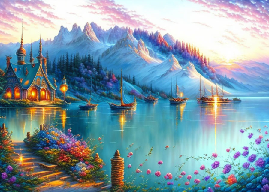 Vibrant sunset over mountains, reflecting lake, castle, and flowers in serene landscape