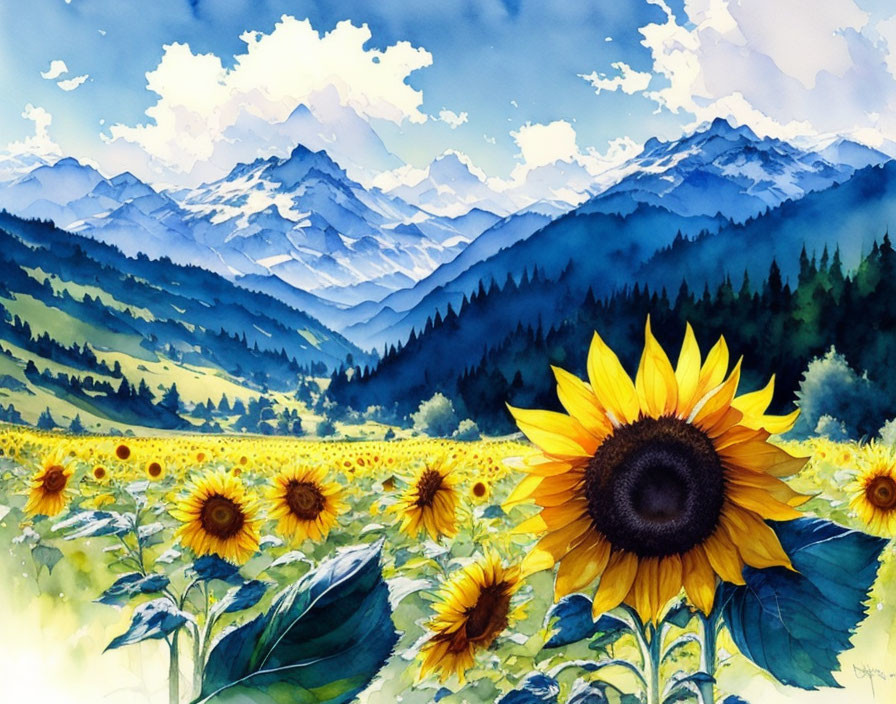 Sunflower Watercolor Painting with Mountains and Sky