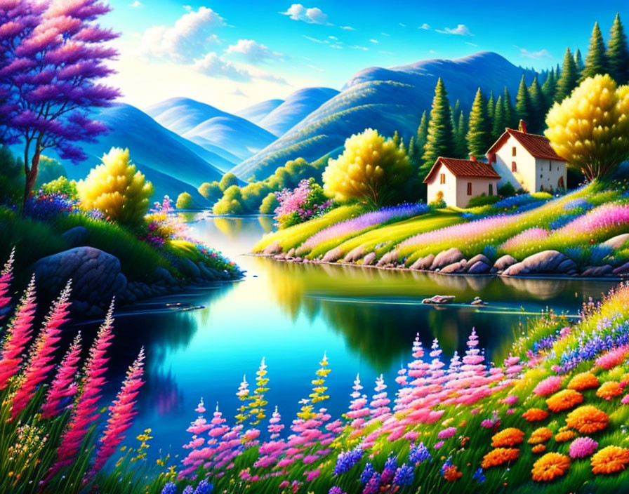 Tranquil river, colorful flowers, green hills, quaint house - vibrant landscape!