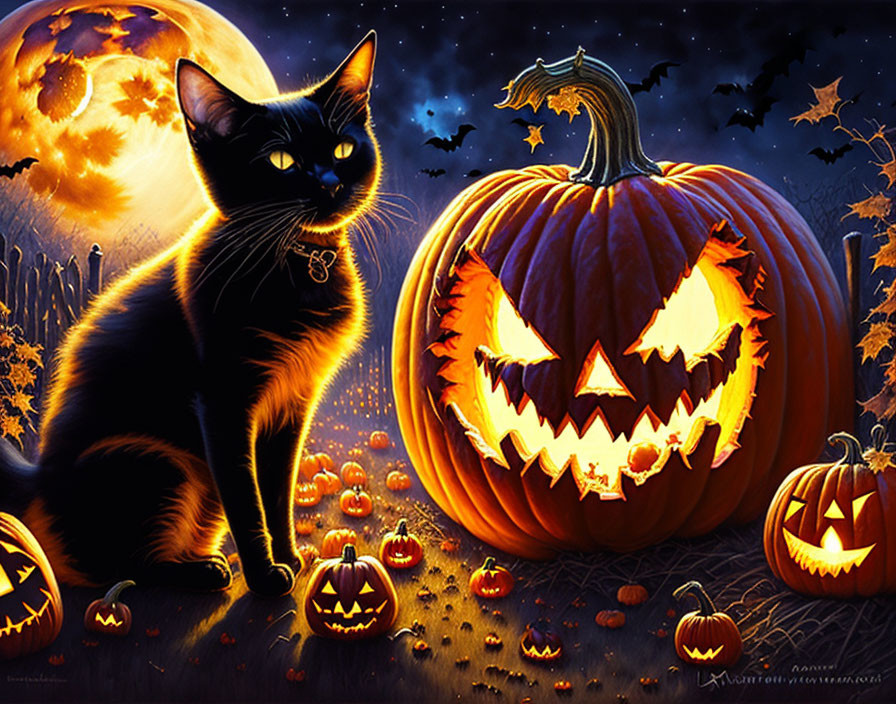 Black Cat with Carved Pumpkin, Jack-o'-lanterns, and Full Moon Halloween Scene