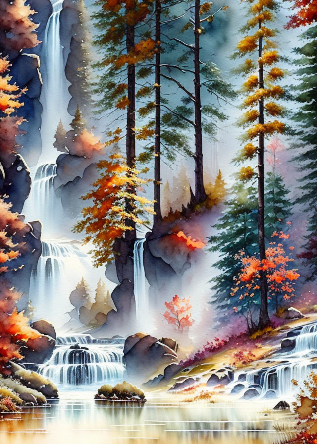 Autumnal forest waterfall in vibrant watercolor