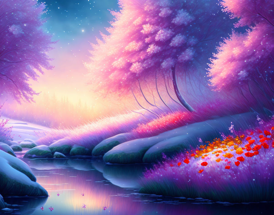 Tranquil landscape with pink blossoming trees, gentle river, snow-covered banks, and colorful flowers