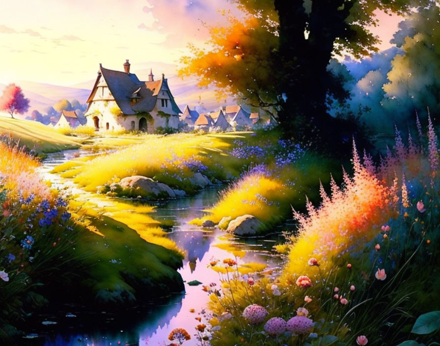 Vibrant landscape with stream, flora, cottages under sunset sky