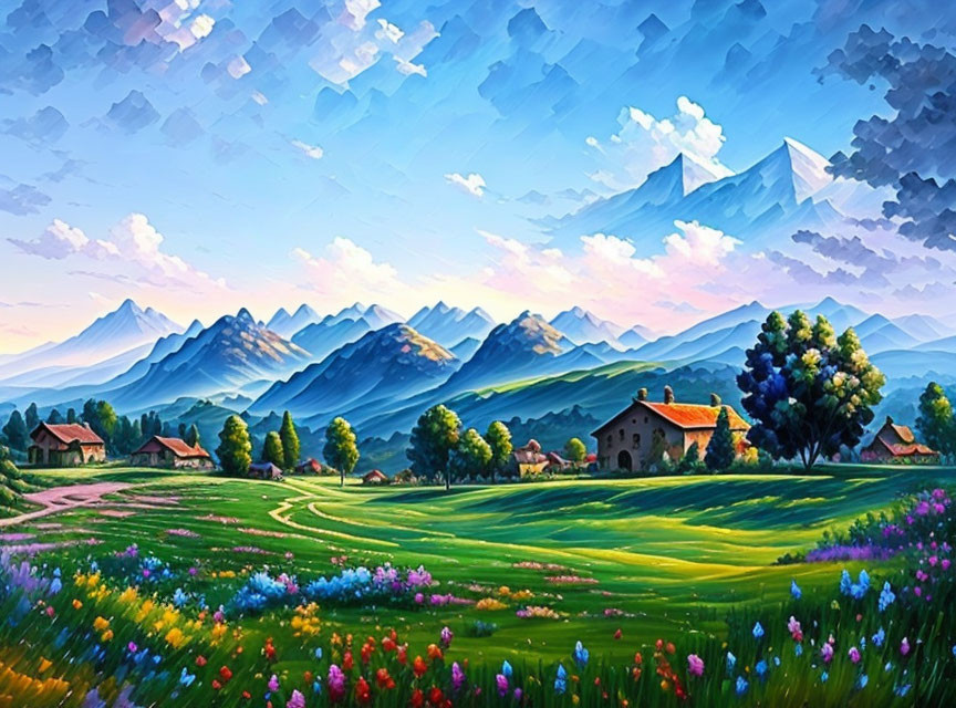 Colorful landscape painting with green hills, wildflowers, cottages, mountains, and pastel sky