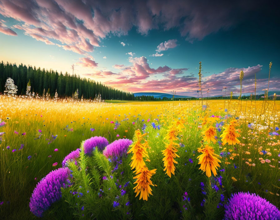 Colorful wildflower meadow and forest under dramatic sunset sky