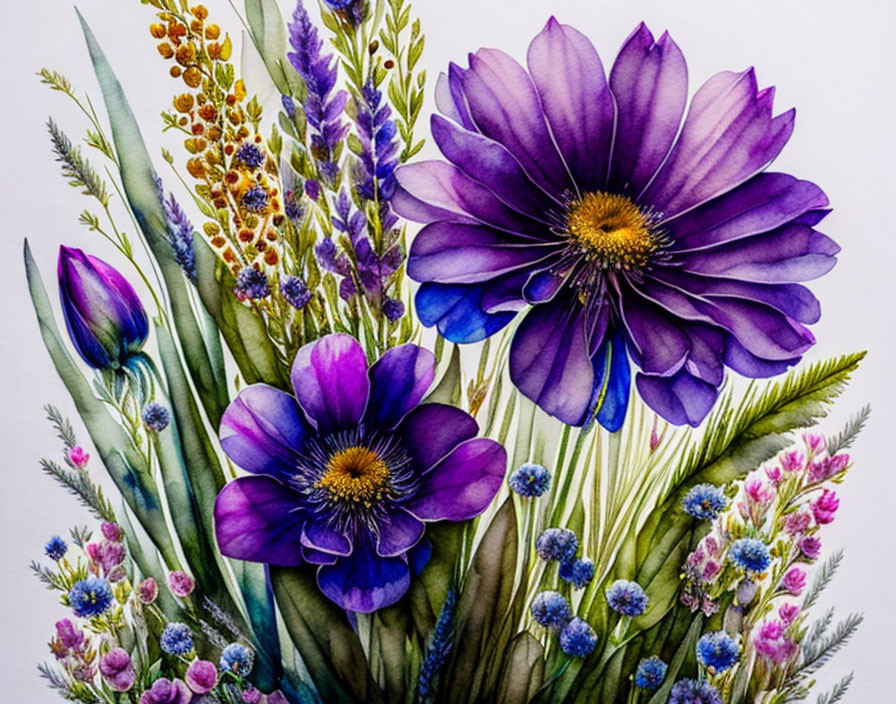 Colorful Watercolor Painting of Purple Flowers and Green Foliage