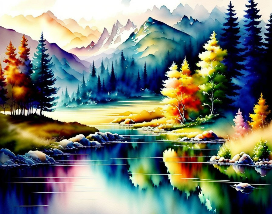 Colorful Watercolor Painting of Serene Mountain Landscape