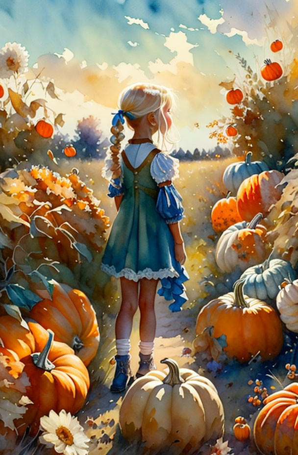 Young girl with braided hair in blue dress in pumpkin patch surrounded by autumn foliage