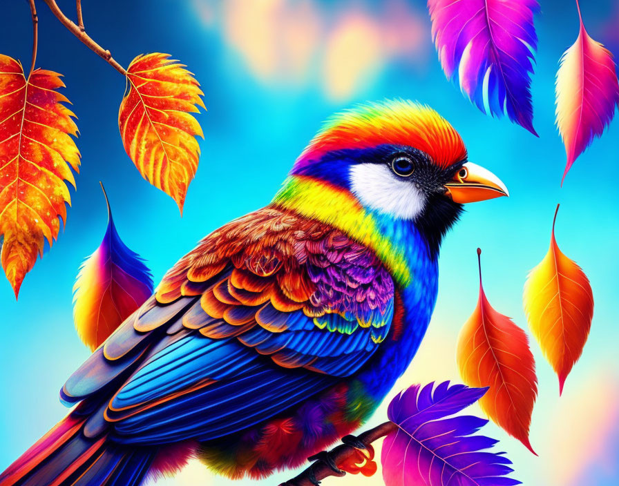 Colorful Bird Perched on Branch Amid Falling Autumn Leaves