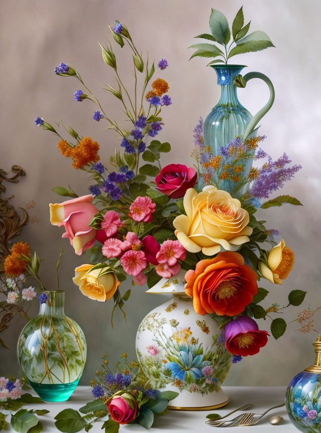 Colorful Flowers in Vintage Vases: Roses and Wildflowers on Softly Lit Background