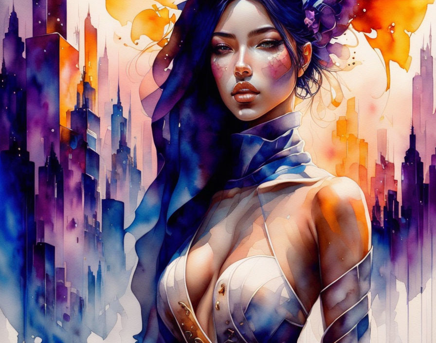 Colorful Woman with Flower Hair in Abstract Cityscape Illustration