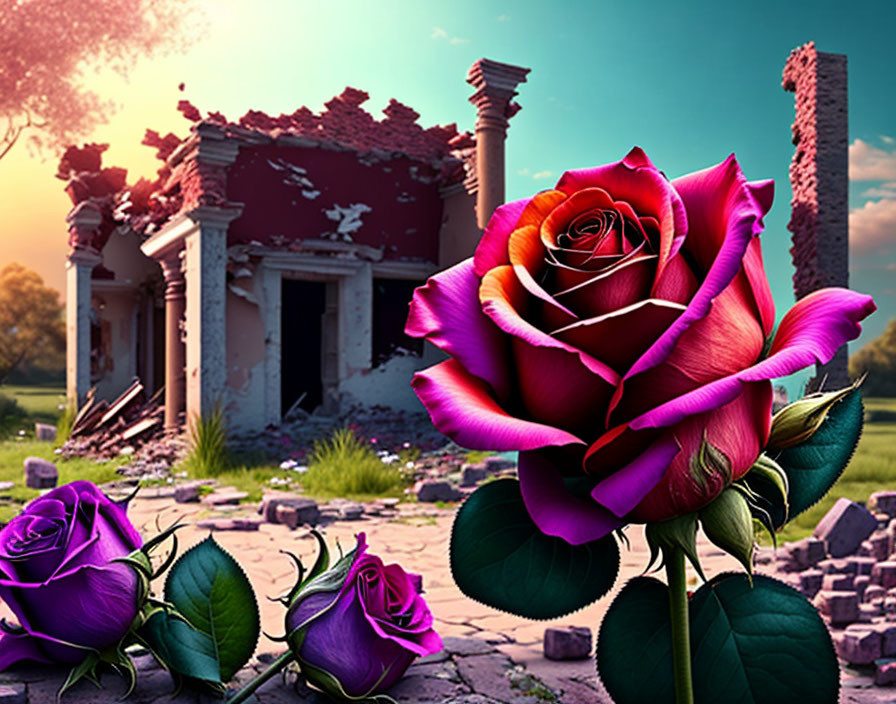 Multicolored rose against classical ruins and cloudy sky