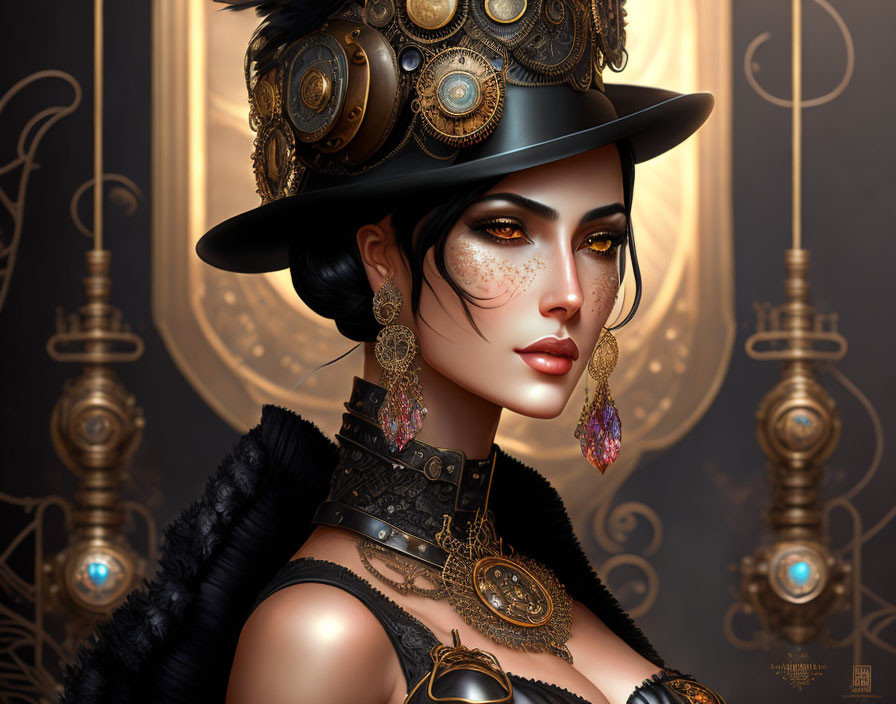 Steampunk style woman with gear-adorned hat on gold background