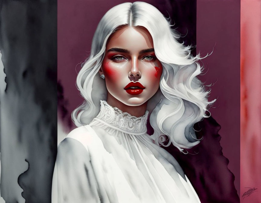 Stylized woman portrait with white hair and red eyeshadow