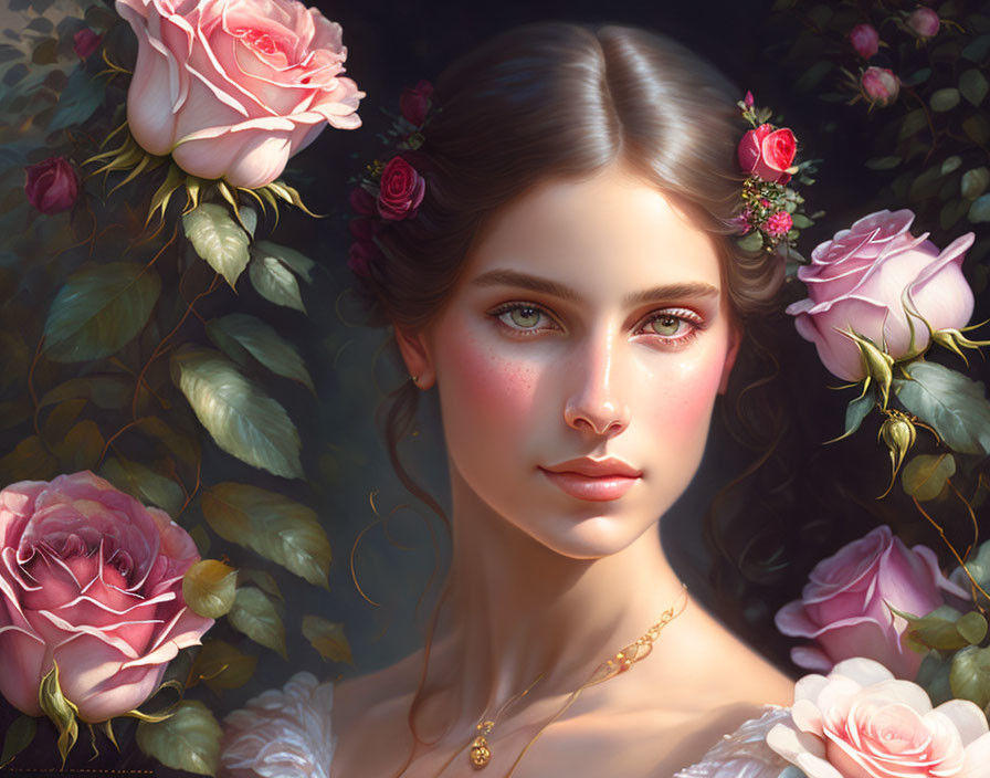 Digital portrait of young woman with flower-adorned hair, amidst pink roses