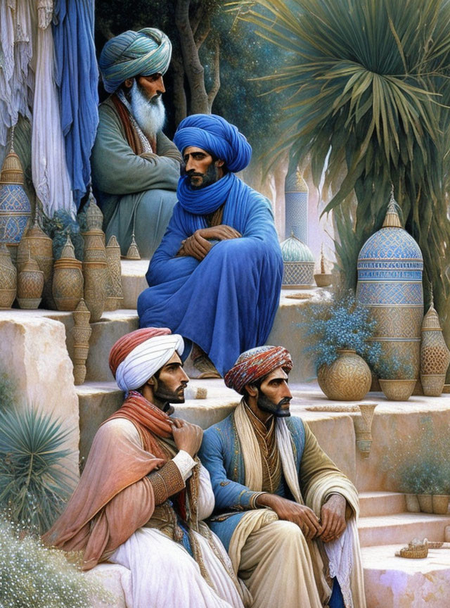 Traditional men in turbans with pottery and palm trees in Middle Eastern setting