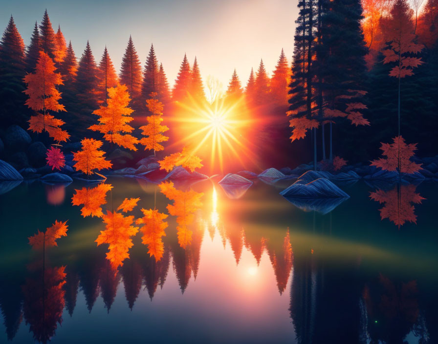 Tranquil Lake Sunset with Autumn Foliage and Pine Trees