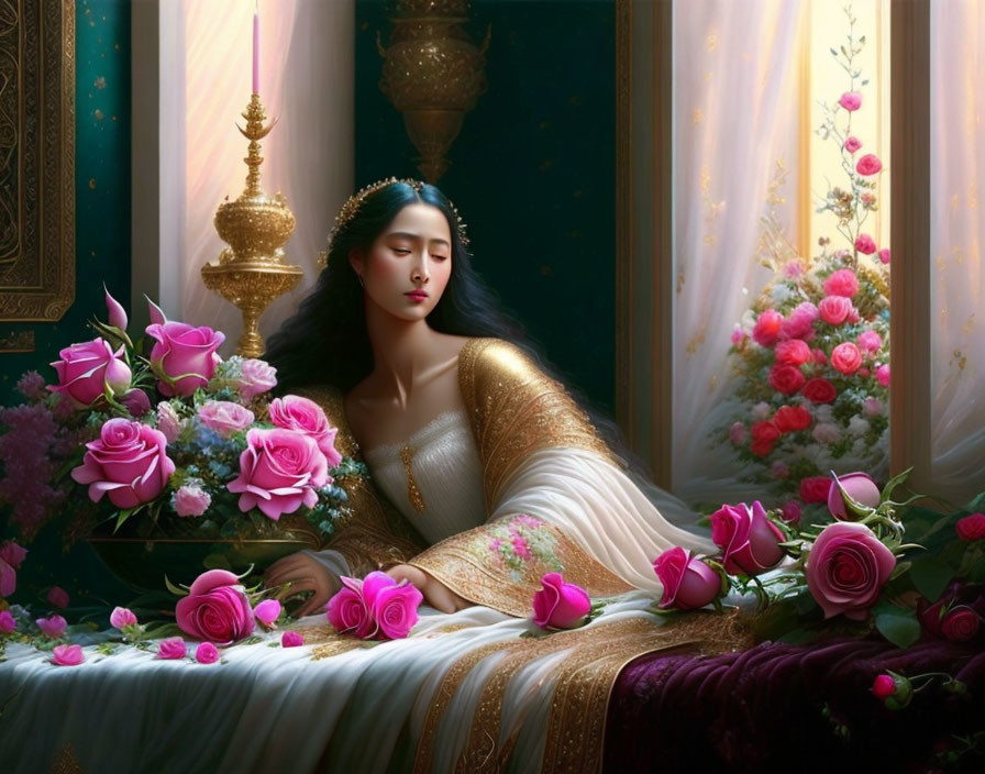 Woman in white and gold dress with pink roses by sunny window